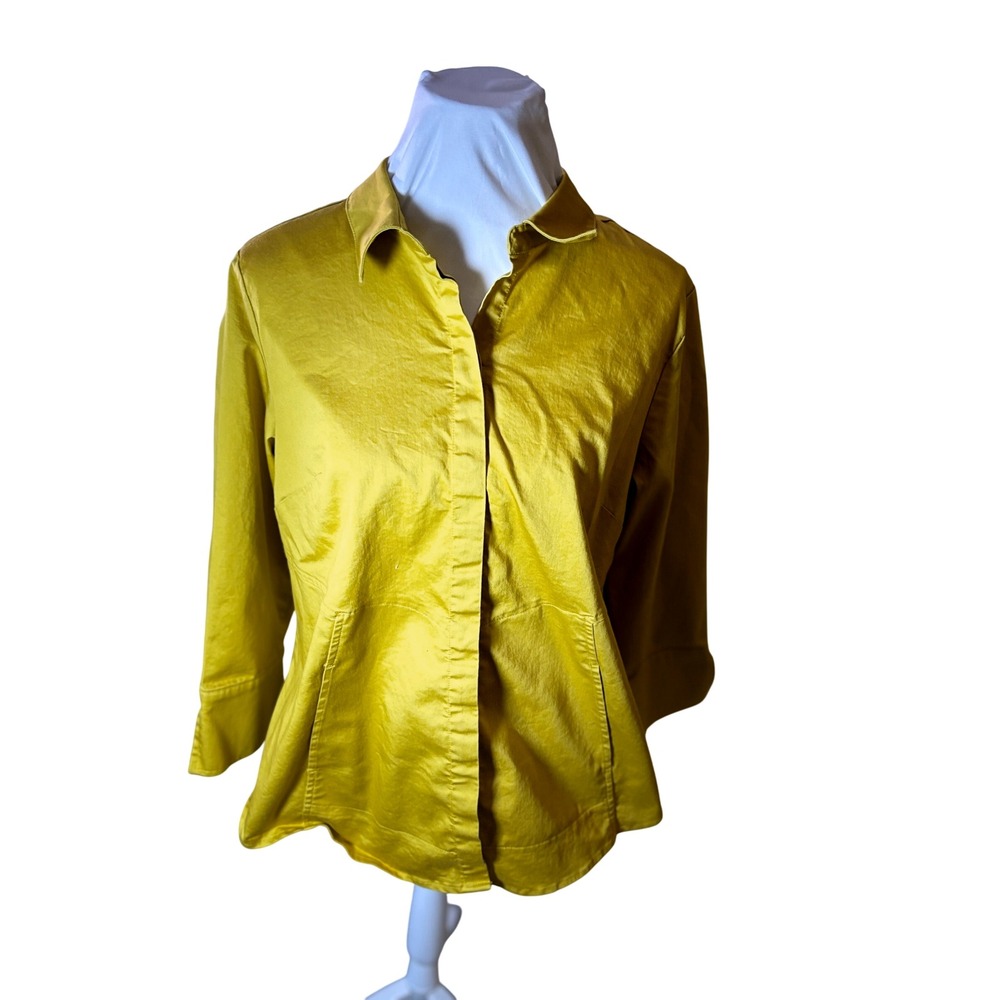 Joan Rivers Chartreuse Gold Button Down 3/4 Sleeve Top Blouse Size M Medium